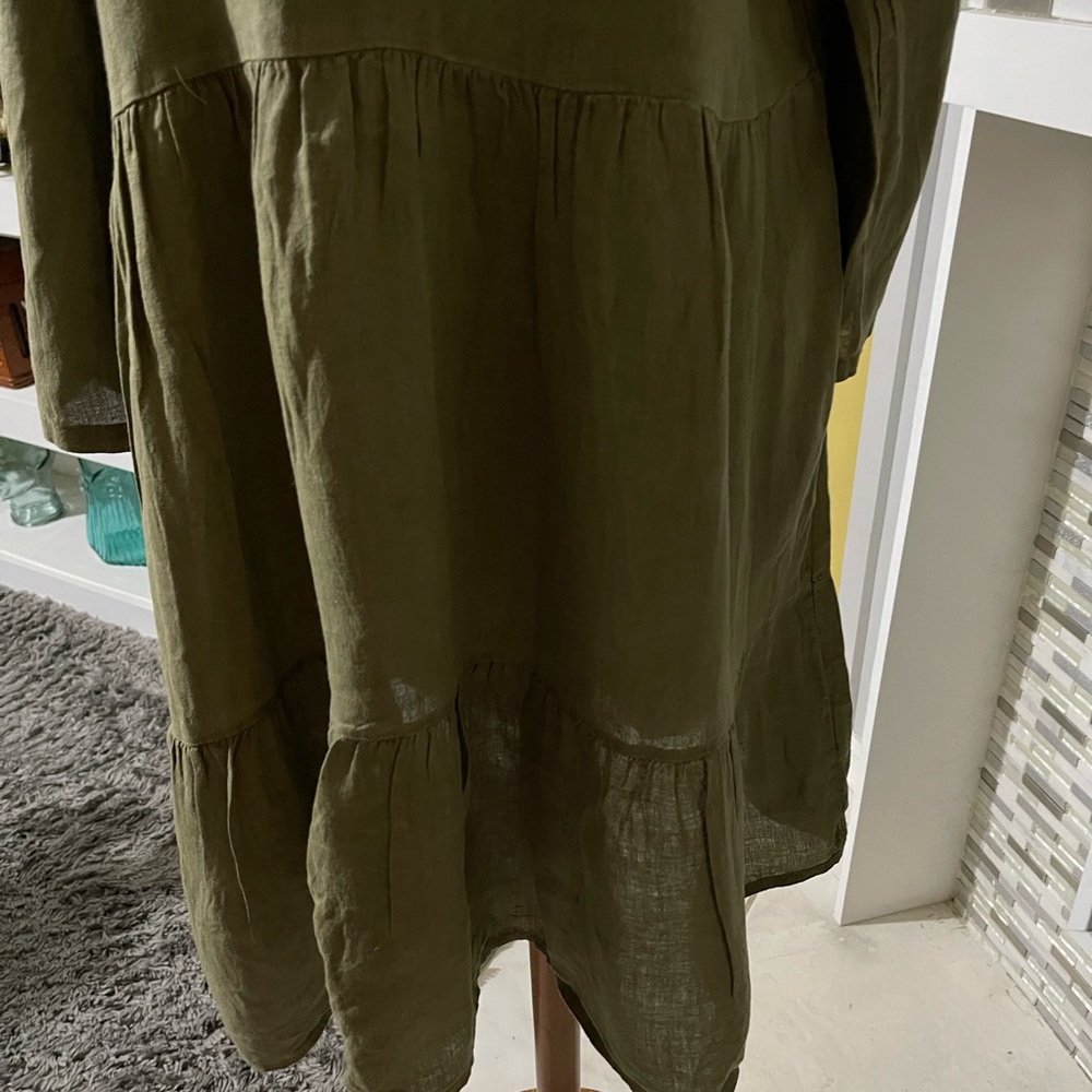 Bellambra Olive 100% linen V-Neck Tiered Dress size L - Picture 2 of 7